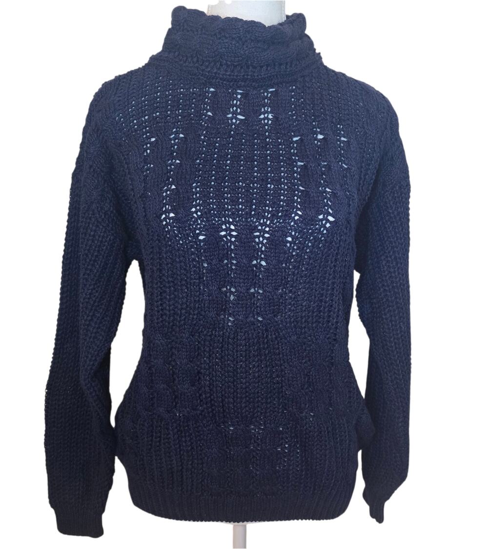 VTG Ashleigh Morgan Navy Cable Knit Sweater Womens Medium Turtleneck Coastal